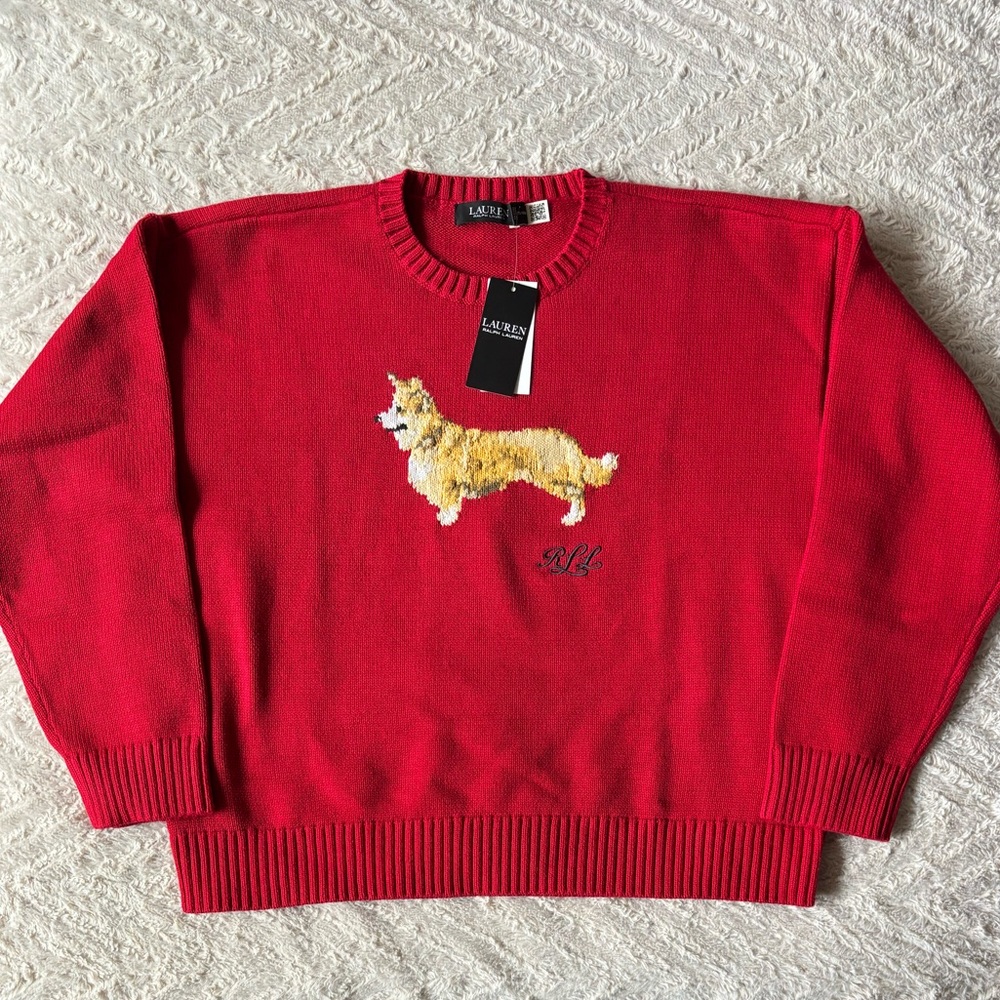 Ralph Lauren Intarsia-Knit Corgi Dog Cotton Sweater XL NWT